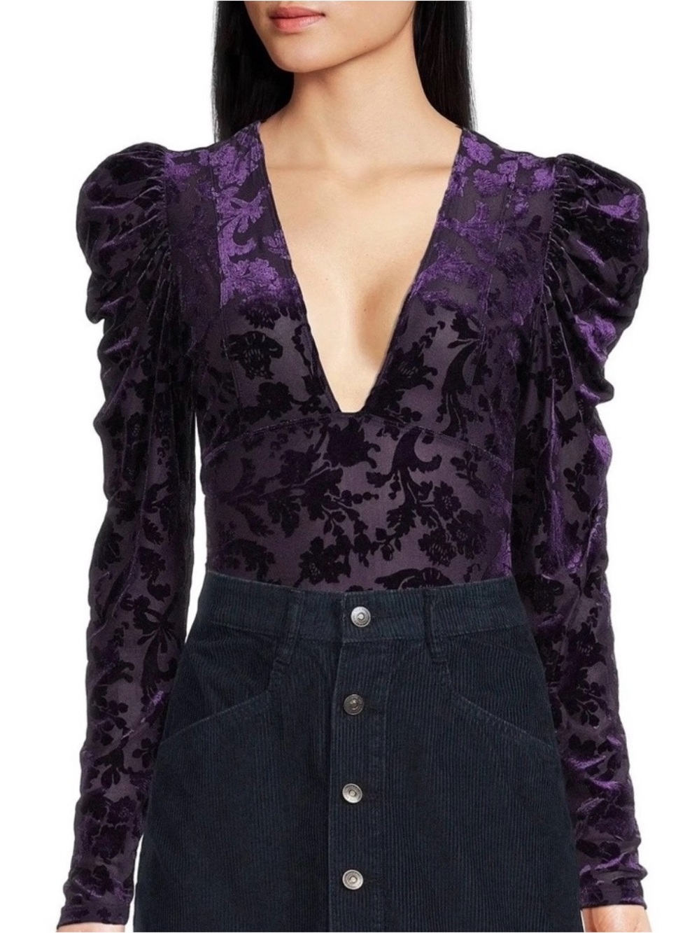 Intimately by Free People Magic Hour Velvet V-Neck Puff Bodysuit
